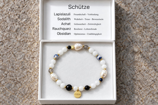 Sternzeichen-Armband Schütze mit Lapislazuli, Sodalith, Achat, Rauchquarz, Obsidian und hellen Perlen