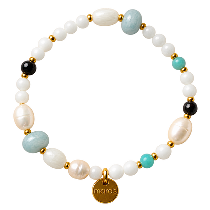 Fische-Sternzeichenarmband mit hellen Perlen, Aquamarin, Amazonit, Mondstein, Blutstein 