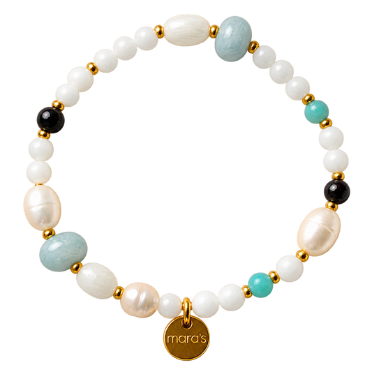 Fische-Sternzeichenarmband mit hellen Perlen, Aquamarin, Amazonit, Mondstein, Blutstein 