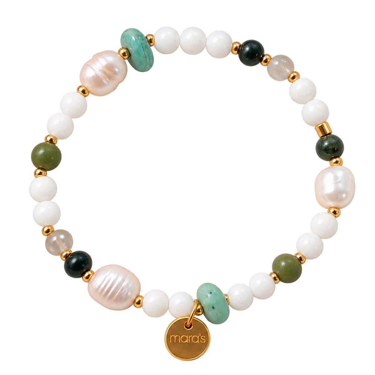 Jungfrau-Sternzeichenarmband mit Achat, Moosachat, Granat, Amazonit und Jade, hellen Perlen und rundem Maras-Anhänger.