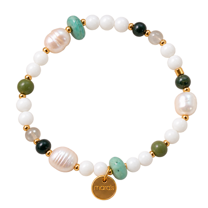 Jungfrau-Sternzeichenarmband mit Achat, Moosachat, Granat, Amazonit und Jade, hellen Perlen und rundem Maras-Anhänger.