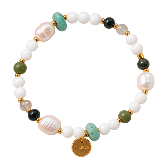 Jungfrau-Sternzeichenarmband mit Achat, Moosachat, Granat, Amazonit und Jade, hellen Perlen und rundem Maras-Anhänger.