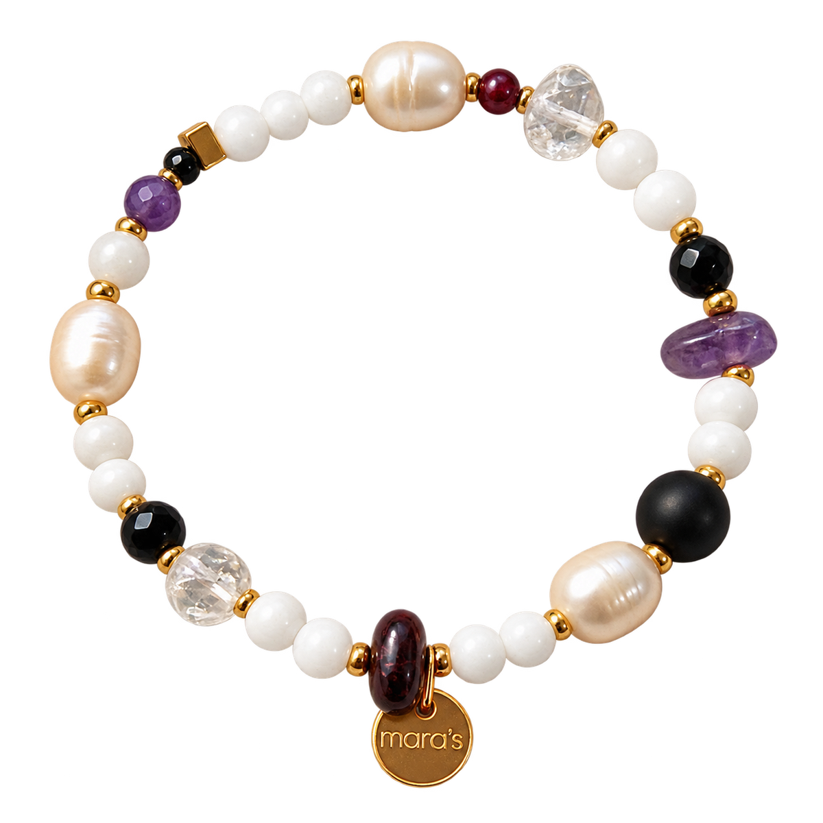 Steinbock-Sternzeichenarmband mit Onyx, Amethyst, Obsidian, Bergkristall und Granat, hellen Perlen und rundem Maras-Anhänger.