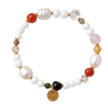 Sternzeichen-Armband Krebs von Maras mit hellen Perlen, orangefarbenem Karneol, Bergkristall, Turmalin, Rosenquarz und Jaspis