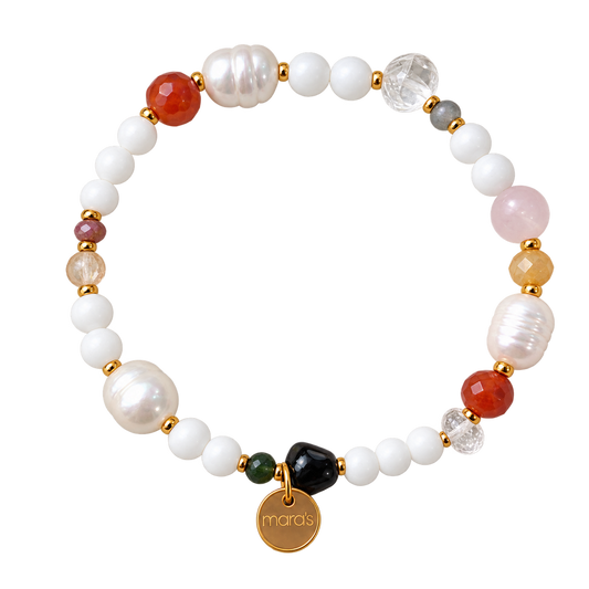 Sternzeichen-Armband Krebs von Maras mit hellen Perlen, orangefarbenem Karneol, Bergkristall, Turmalin, Rosenquarz und Jaspis