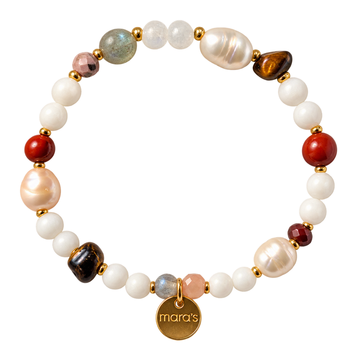 Freigestelltes Sternzeichen-Armband Löwe mit Mookait, rotem Jaspis, Tigerauge, Labradorit, weißen Perlen.