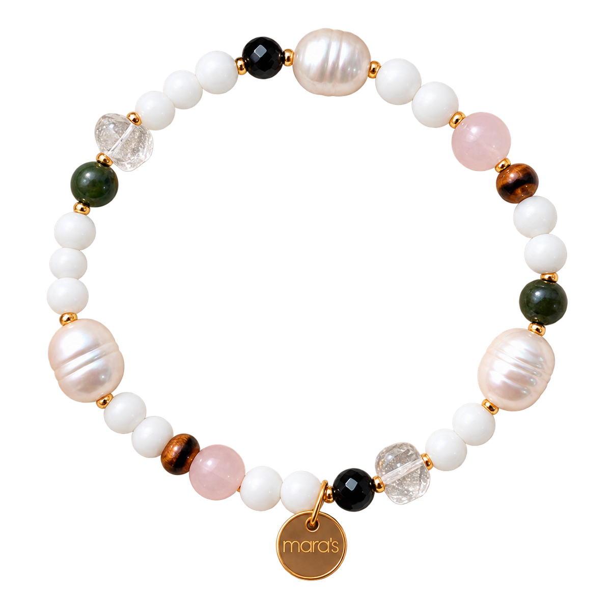Sternzeichen-Armband Stier von Maras mit weißen Perlen, grüner Jade, rosa Rosenquarz, Bergkristall, Spinell und Tigerauge