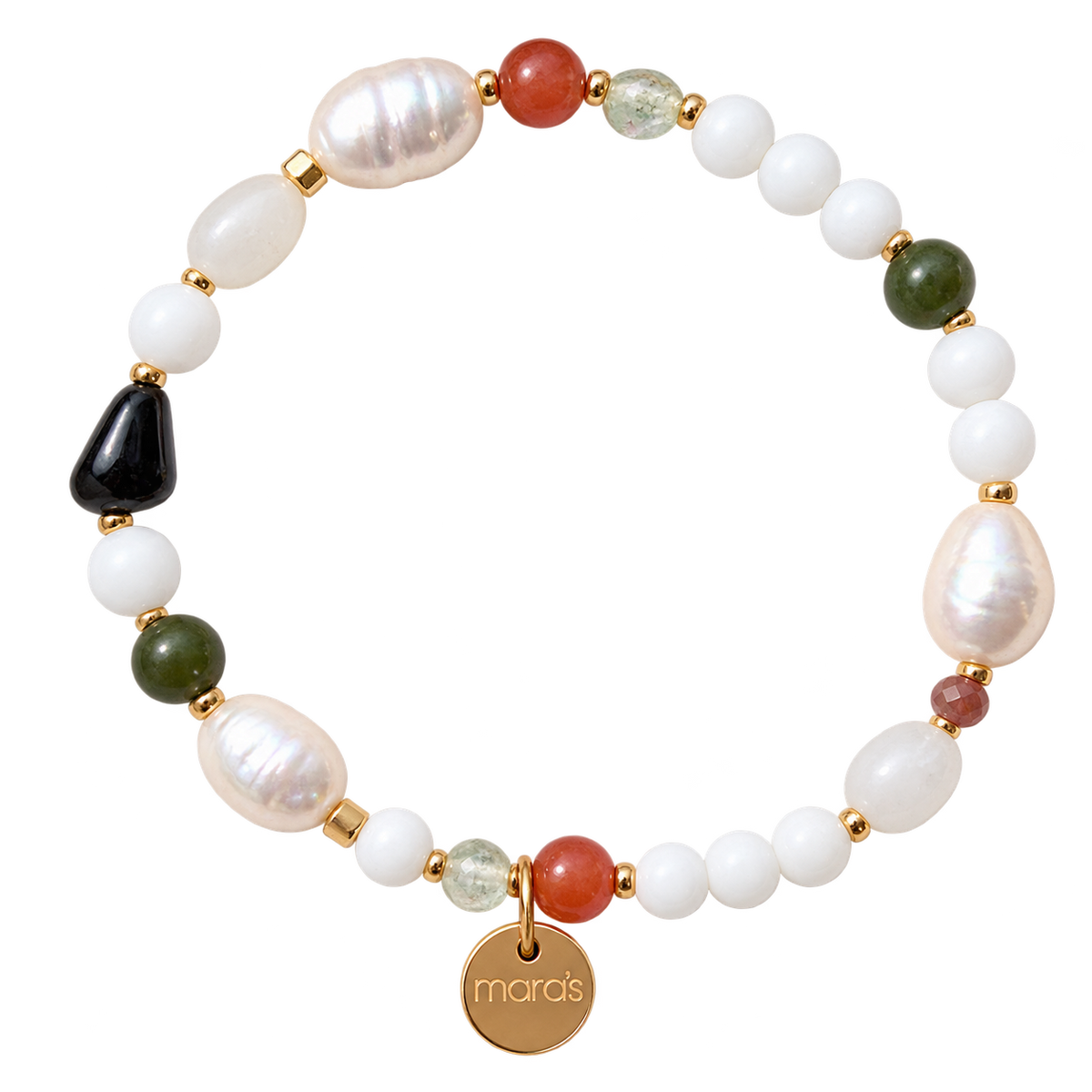 Sternzeichen-Armband Waage mit Prehnit, Aventurin, Mondstein, Turmalin, Jade, hellen Perlen und rundem Mara’s-Anhänger.