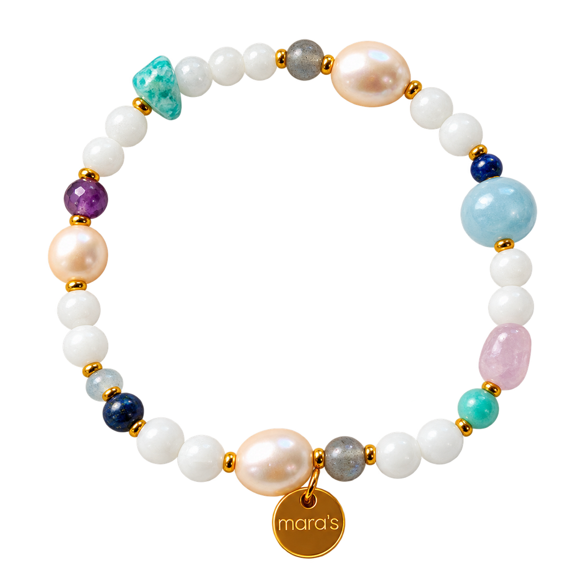 Wassermann-Sternzeichenarmband mit Amazonit, Amethyst, Aquamarin, Lapislazuli und Labradorit, hellen Perlen und rundem Maras-Anhänger.