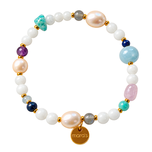 Wassermann-Sternzeichenarmband mit Amazonit, Amethyst, Aquamarin, Lapislazuli und Labradorit, hellen Perlen und rundem Maras-Anhänger.
