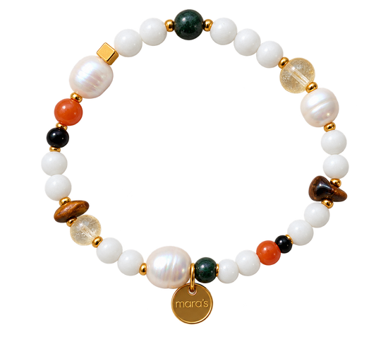 Zwillinge-Sternzeichenarmband mit Moosachat, Citrin, Tigerauge, Onyx und Aventurin, hellen Perlen und rundem Maras-Anhänger.